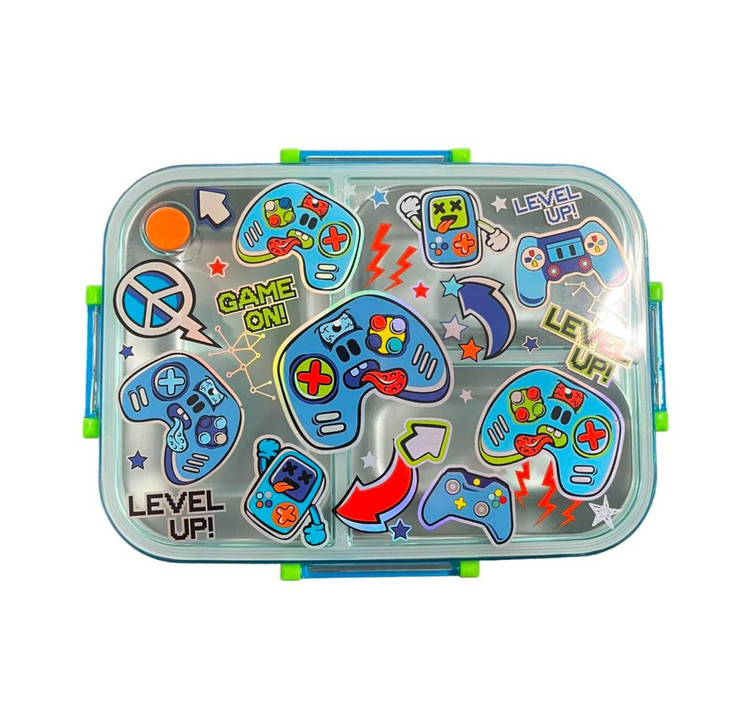 “ظرف غذای استیل فانتزی با طرح گیمینگ و دستههای سبز مناسب برای کودکان”