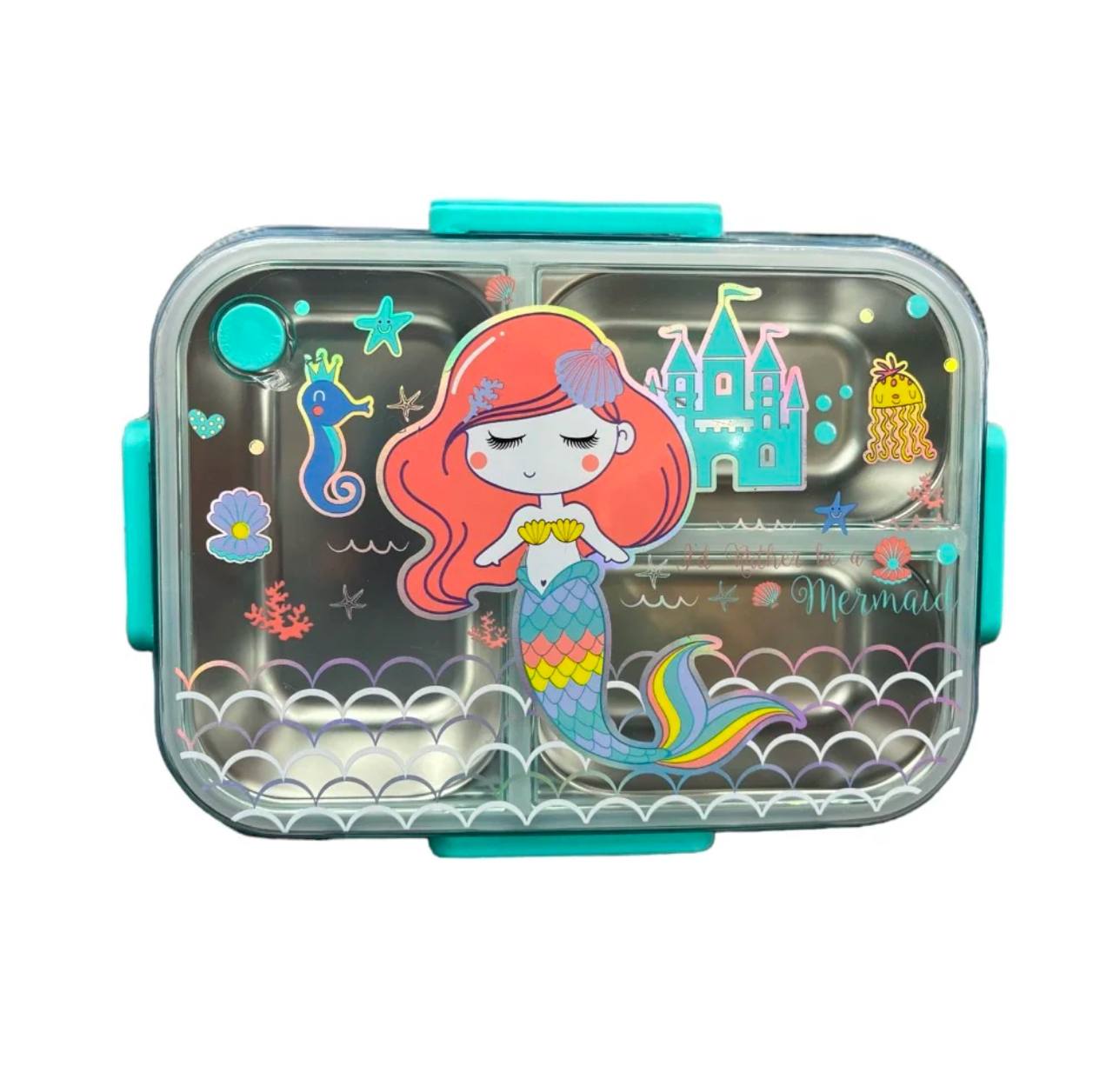 “ظرف غذای استیل فانتزی با طرح پری دریایی و دسته‌های سبز مناسب برای کودکان”