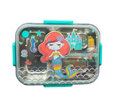 “ظرف غذای استیل فانتزی با طرح پری دریایی و دستههای سبز مناسب برای کودکان”