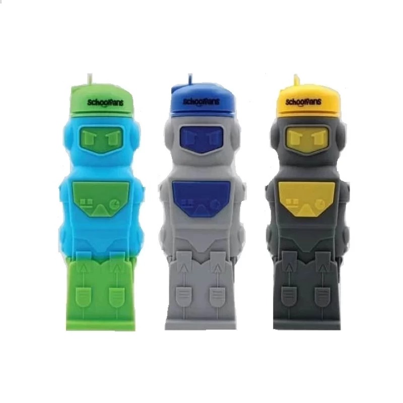 “بطری سیلیکونی طرح ربات خاکستری و زرد با ظرفیت ۶۵۰ میلی‌لیتر مناسب کودکان و دانش‌آموزان”