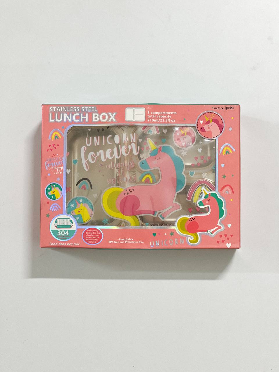 ظرف غذای استیل سه خانه ضد نشت با درب، طرح یونیکورن، برند وست (VEST)